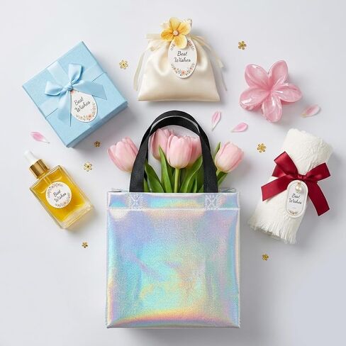 Catlovecorn 18 Pcs Small Iridescent Reusable Gift Bags with Handles, Non-Woven Goodie Bags 7.8"x7.8"x3.9", Rainbow Party Favor Bags for Birthday Wedding Bachelorette Baby Shower in Saudi Arabia