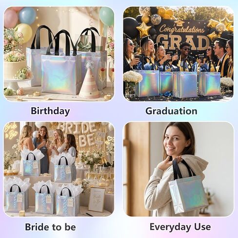 Catlovecorn 18 Pcs Small Iridescent Reusable Gift Bags with Handles, Non-Woven Goodie Bags 7.8"x7.8"x3.9", Rainbow Party Favor Bags for Birthday Wedding Bachelorette Baby Shower in Saudi Arabia