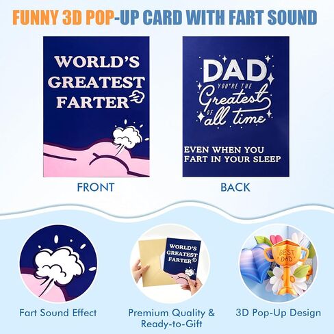 Funny Father's Day Card - Worlds Greatest Farter, I Mean Father, 3D Hilarious Pop-Up Card with Fart Sound, Musical Greeting Card with Envelope for Husband Dad Grandpa from Son, Daughter, Kids, Wife in Saudi Arabia