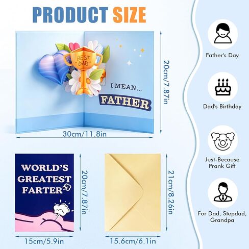 Funny Father's Day Card - Worlds Greatest Farter, I Mean Father, 3D Hilarious Pop-Up Card with Fart Sound, Musical Greeting Card with Envelope for Husband Dad Grandpa from Son, Daughter, Kids, Wife in Saudi Arabia