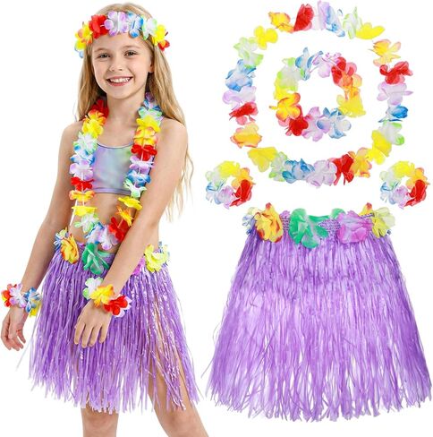 Hawaiian Grass Skirt Set for Girls, 40cm Hula Skirt with Elastic Flowers Headband Necklace and Wristbands, Hawaiian Dresses Accessories for Luau Tropical Beach Party Supplies (Purple) in Saudi Arabia