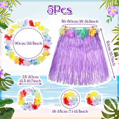 Hawaiian Grass Skirt Set for Girls, 40cm Hula Skirt with Elastic Flowers Headband Necklace and Wristbands, Hawaiian Dresses Accessories for Luau Tropical Beach Party Supplies (Purple) in Saudi Arabia