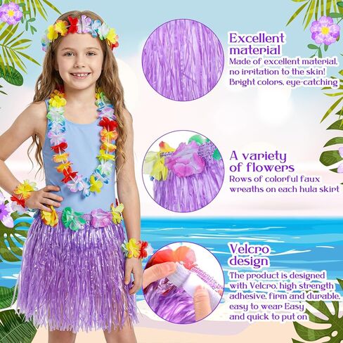 Hawaiian Grass Skirt Set for Girls, 40cm Hula Skirt with Elastic Flowers Headband Necklace and Wristbands, Hawaiian Dresses Accessories for Luau Tropical Beach Party Supplies (Purple) in Saudi Arabia