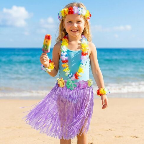 Hawaiian Grass Skirt Set for Girls, 40cm Hula Skirt with Elastic Flowers Headband Necklace and Wristbands, Hawaiian Dresses Accessories for Luau Tropical Beach Party Supplies (Purple) in Saudi Arabia