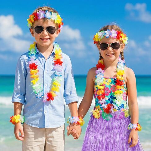 Hawaiian Grass Skirt Set for Girls, 40cm Hula Skirt with Elastic Flowers Headband Necklace and Wristbands, Hawaiian Dresses Accessories for Luau Tropical Beach Party Supplies (Purple) in Saudi Arabia