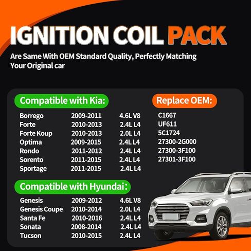 UF611 C1667 Ignition Coil Pack 4set Compatible with Kia Borrego Forte Koup Optima Rondo Hyundai Genesis Coupe Santa Fe Sonata Tucson 2.0 2.4L L4 4.8L V8 in Kuwait