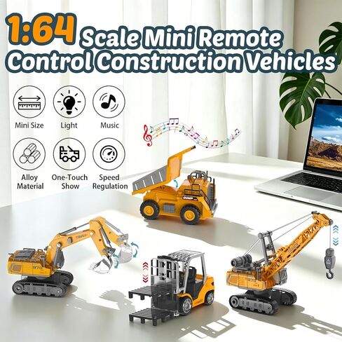 Mini RC Construction Vehicles, 4PCS 1:64 Remote Control Excavator Forklift Dump Truck Crane, 2.4GHz Small Desktop Toys with Lights Sound & Variable Speed, Birthday Gift for Adults Kids in Saudi Arabia