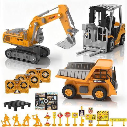 Mini RC Construction Vehicles, 4PCS 1:64 Remote Control Excavator Forklift Dump Truck Crane, 2.4GHz Small Desktop Toys with Lights Sound & Variable Speed, Birthday Gift for Adults Kids in Saudi Arabia