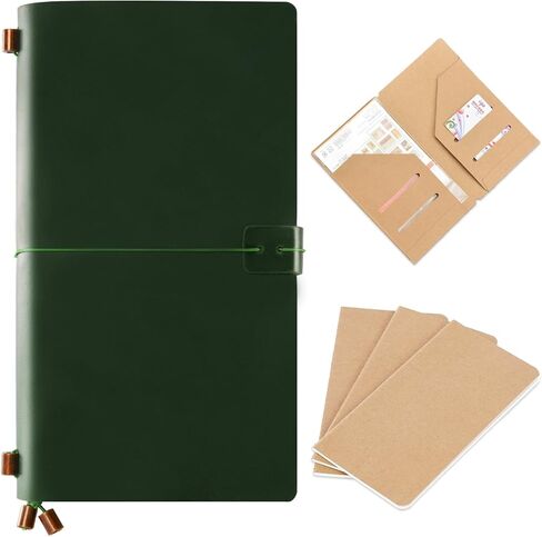 Leather Travelers Notebook, 8.6'' x 4.6'', Refillable Vintage Travel Journal, Handmade Leather Journal with Kraft Folder, and 3 Inserts (Camel) in Saudi Arabia
