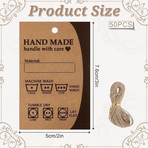 50Pack Handmade Care Instruction Tags, Material Care Instructions Cards Hand Made Fabric Instructions Tag Material Instruction Tags for Homemade Materials(Kraft Paper,2"x3") in Kuwait