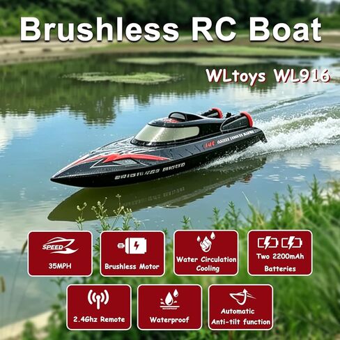 YUCT WLtoys WL916 Brushless RC Boat, 35MPH Fast Racing Boat for Pool & Lake, 18'' with 3S Power, Self-Righting, Water Cooling and Two 2200mAh Batteries in Saudi Arabia