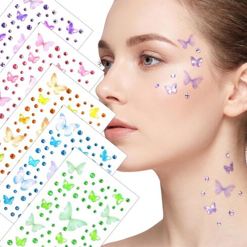 5 Sheets Face Jewels Stick On - Colorful Face Jewels for Women with Butterfly - Self Adhesive 3D Body Jewels for DIY Crafts Decorations in Saudi Arabia
