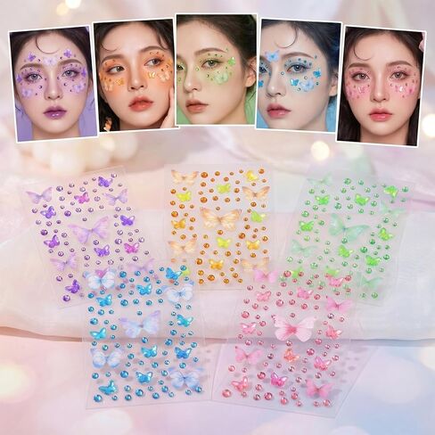 5 Sheets Face Jewels Stick On - Colorful Face Jewels for Women with Butterfly - Self Adhesive 3D Body Jewels for DIY Crafts Decorations in Saudi Arabia