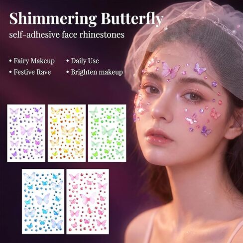 5 Sheets Face Jewels Stick On - Colorful Face Jewels for Women with Butterfly - Self Adhesive 3D Body Jewels for DIY Crafts Decorations in Saudi Arabia