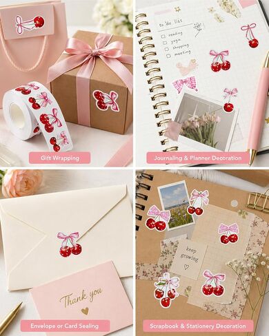 500pcs Pink Bow Stickers Roll, Self-Adhesive Cute Bow Cherry Stickers for DIY Crafts Scrapbook, Journal, Notebook, Album, Water Bottles, Envelopes, Greeting Card Decorations Supplies in Saudi Arabia