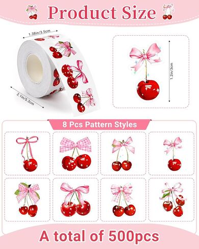 500pcs Pink Bow Stickers Roll, Self-Adhesive Cute Bow Cherry Stickers for DIY Crafts Scrapbook, Journal, Notebook, Album, Water Bottles, Envelopes, Greeting Card Decorations Supplies in Saudi Arabia