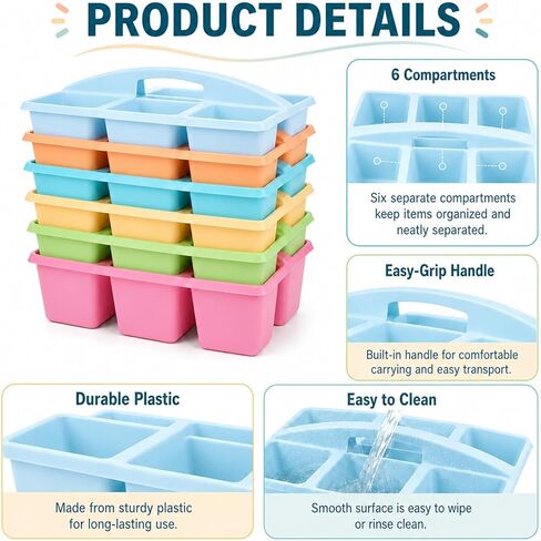 6 Pack Assorted Colors 6 Compartment Classroom Caddy with Handle Portable Plastic Storage Classroom Caddies Organizer for Classrooms Supply Teacher Office Table Desk(Pastel) in Saudi Arabia