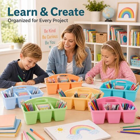 6 Pack Assorted Colors 6 Compartment Classroom Caddy with Handle Portable Plastic Storage Classroom Caddies Organizer for Classrooms Supply Teacher Office Table Desk(Pastel) in Saudi Arabia