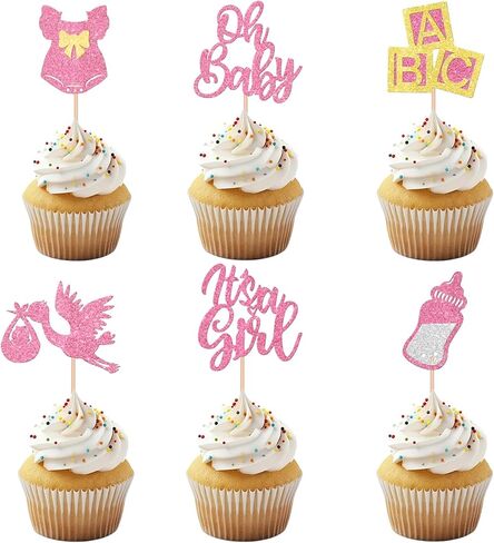 12 Pcs It's a Girl Baby Cupcake Toppers Rose Gold Glitter Baby Shower Cupcake Decorations Bow Dress Bottle Cake Decor for Baby Shower Gender Reveal Girl Birthday Party Supplies in Saudi Arabia