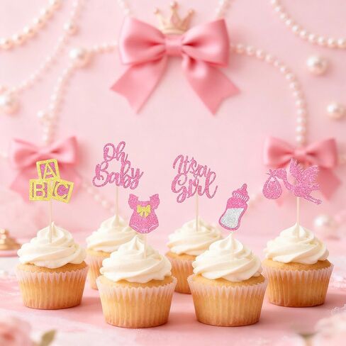 12 Pcs It's a Girl Baby Cupcake Toppers Rose Gold Glitter Baby Shower Cupcake Decorations Bow Dress Bottle Cake Decor for Baby Shower Gender Reveal Girl Birthday Party Supplies in Saudi Arabia