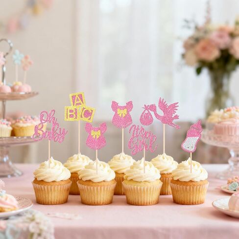 12 Pcs It's a Girl Baby Cupcake Toppers Rose Gold Glitter Baby Shower Cupcake Decorations Bow Dress Bottle Cake Decor for Baby Shower Gender Reveal Girl Birthday Party Supplies in Saudi Arabia