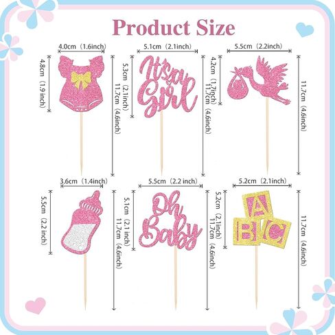 12 Pcs It's a Girl Baby Cupcake Toppers Rose Gold Glitter Baby Shower Cupcake Decorations Bow Dress Bottle Cake Decor for Baby Shower Gender Reveal Girl Birthday Party Supplies in Saudi Arabia