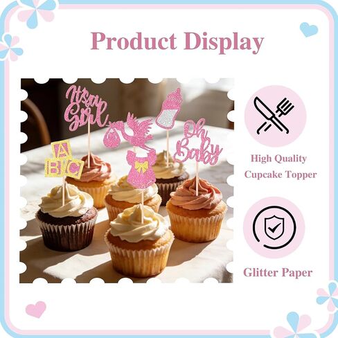 12 Pcs It's a Girl Baby Cupcake Toppers Rose Gold Glitter Baby Shower Cupcake Decorations Bow Dress Bottle Cake Decor for Baby Shower Gender Reveal Girl Birthday Party Supplies in Saudi Arabia