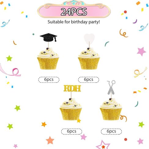 24pcs Dentist Cupcake Toppers, Congrats Dentist Cupcake Toppers, Gold Glitter Medical RDH Themed Cupcake Picks for Graduation, Doctor Graduation Party Supplies in Saudi Arabia