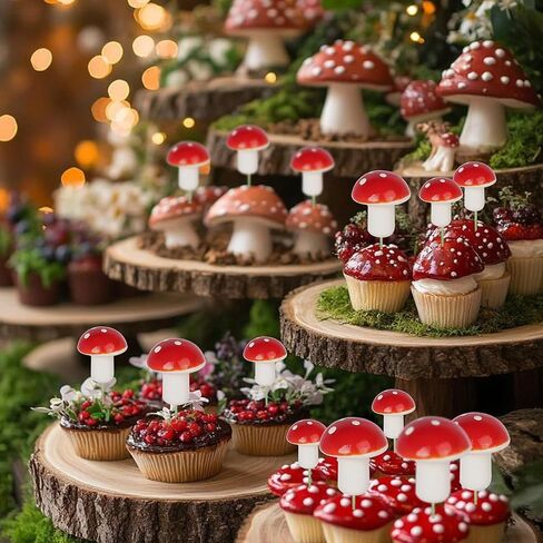 30 Pack Mushroom Cupcake Toppers Red Mini Mushroom Toothpicks Cupcake Picks for Baby Shower Boys Girls Birthday Party Micro Landscape Cake Decorations Party Supplies in Kuwait