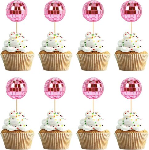 24pcs Disco Ball Cupcake Toppers - Pink, 1.18" Diameter, Perfect for 70s Disco, Birthday Parties in Saudi Arabia