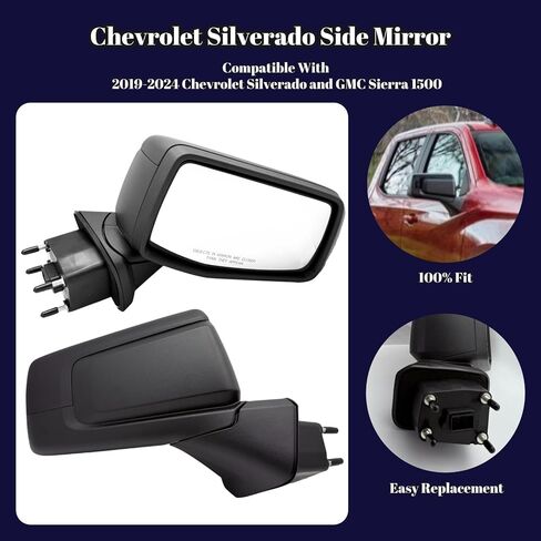 Right Passenger Side Mirror Compatible With 2019-2024 Chevy Silverado 1500 With Heated Power Glass Manual Folding With Temperature Sensor 7-Pins Textured Black in Saudi Arabia