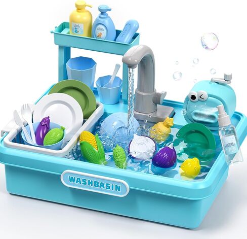 Play Sink with Running Water,Kitchen Play Sink Toys for Boys,Upgraded Real Faucet and Play Dishes,Pretend Role Play Toys for Girls Boys,Birthday Gifts for Kids 3-5,Practice Cleaning in Saudi Arabia