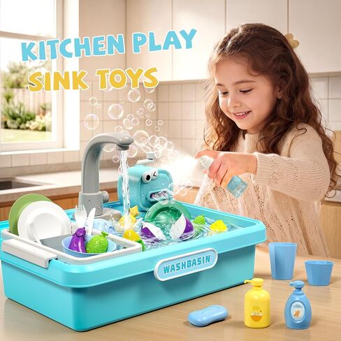 Play Sink with Running Water,Kitchen Play Sink Toys for Boys,Upgraded Real Faucet and Play Dishes,Pretend Role Play Toys for Girls Boys,Birthday Gifts for Kids 3-5,Practice Cleaning in Saudi Arabia