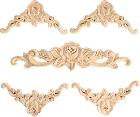 5 Pcs Decorative Wood Appliques Wood Appliques for Furniture Victorian Furniture Decorative Wooden Trim Handmade Carved Unpainted Corner Wooden Applique for Bed Door Cabinet in Saudi Arabia