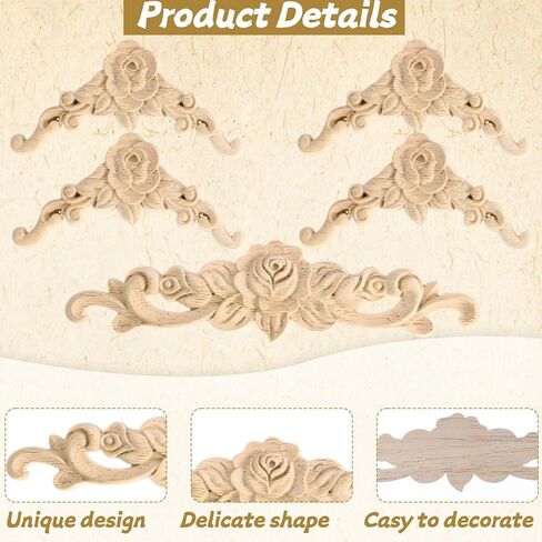 5 Pcs Decorative Wood Appliques Wood Appliques for Furniture Victorian Furniture Decorative Wooden Trim Handmade Carved Unpainted Corner Wooden Applique for Bed Door Cabinet in Saudi Arabia