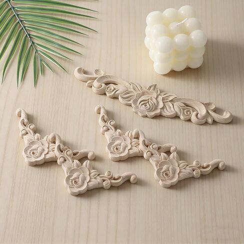 5 Pcs Decorative Wood Appliques Wood Appliques for Furniture Victorian Furniture Decorative Wooden Trim Handmade Carved Unpainted Corner Wooden Applique for Bed Door Cabinet in Saudi Arabia