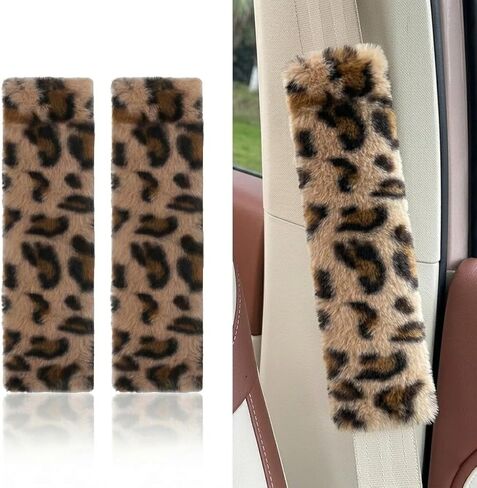 Leopard Print Seat Belt Cover Pad 2 PCS Cute Plush Fluffy Fuzzy Seatbelt Covers Universal Fit Shoulder Pads (Brown) in Kuwait