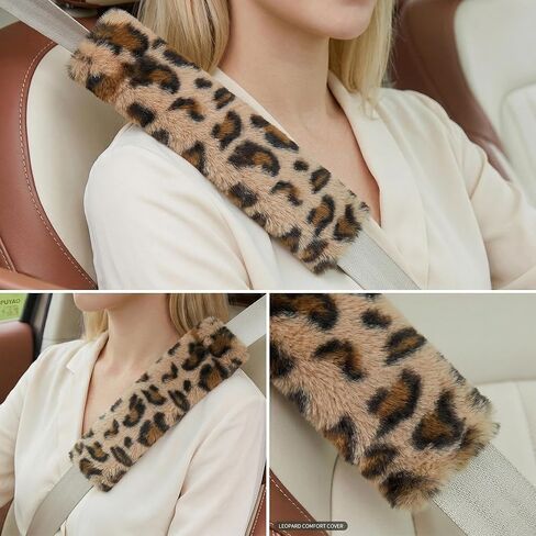 Leopard Print Seat Belt Cover Pad 2 PCS Cute Plush Fluffy Fuzzy Seatbelt Covers Universal Fit Shoulder Pads (Brown) in Kuwait