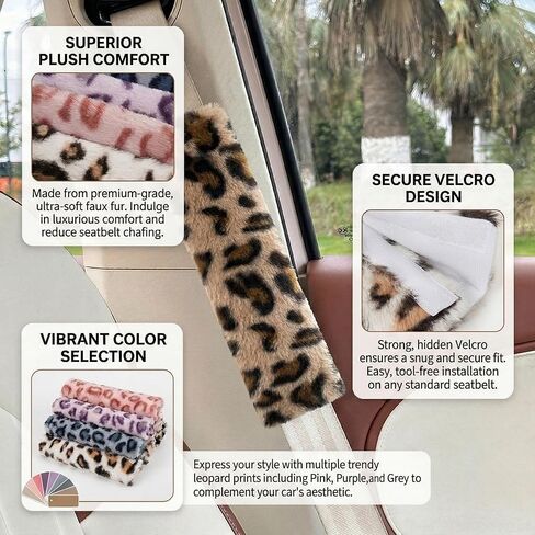 Leopard Print Seat Belt Cover Pad 2 PCS Cute Plush Fluffy Fuzzy Seatbelt Covers Universal Fit Shoulder Pads (Brown) in Kuwait