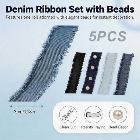 5 Rolls Denim Ribbon, Fabric Trim and Denim Accessories for DIY Crafts, Clothing, Wedding Decor, Rustic Style Home Decoration, Multi-Purpose Sewing Supplies in Saudi Arabia