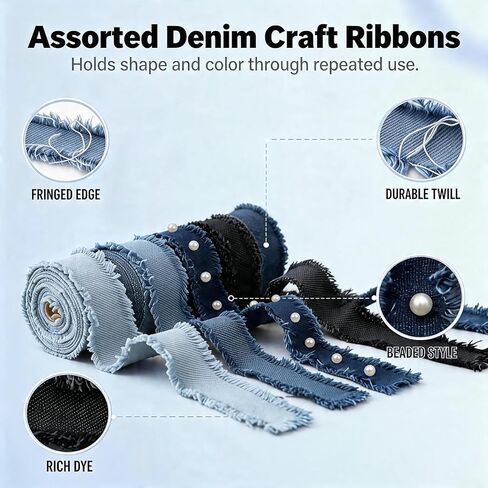 5 Rolls Denim Ribbon, Fabric Trim and Denim Accessories for DIY Crafts, Clothing, Wedding Decor, Rustic Style Home Decoration, Multi-Purpose Sewing Supplies in Saudi Arabia