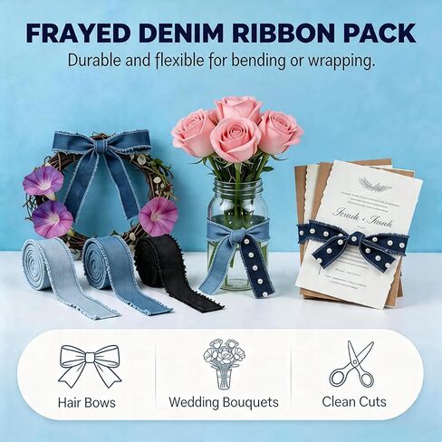 5 Rolls Denim Ribbon, Fabric Trim and Denim Accessories for DIY Crafts, Clothing, Wedding Decor, Rustic Style Home Decoration, Multi-Purpose Sewing Supplies in Saudi Arabia