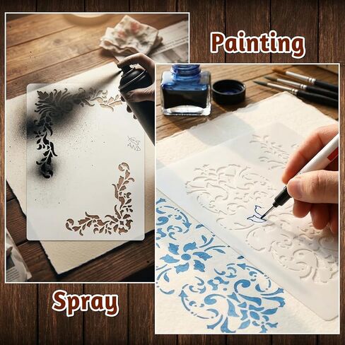 استنسل للرسم على الخشب، استنسل حدودي 6 قطع استنسل رسم عتيق قابل لإعادة الاستخدام للحرف اليدوية، رسم سجل قصاصات الأثاث، حرفة يدوية (7x4.7/9.4x6.3) in Kuwait