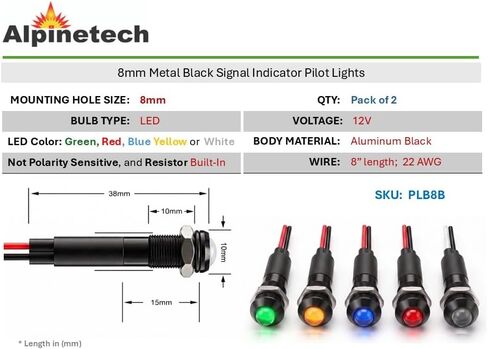 Alpinetech أسود 2 قطعة PLB8B 8 مم 5/16 بوصة 12 فولت LED مؤشر إشارة معدني الطيار داش ضوء (أحمر) in Kuwait