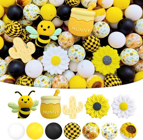 47 Silicone Beads, Bee and Sunflower Spring Set, 15mm Silicone Beads, for Keychain Making, Round Rubber Bulk Focal Beads, Pen for Beads,Suitable for DIY Crafts in Kuwait
