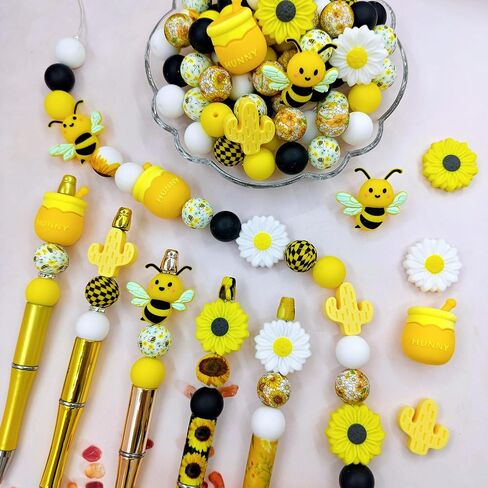 47 Silicone Beads, Bee and Sunflower Spring Set, 15mm Silicone Beads, for Keychain Making, Round Rubber Bulk Focal Beads, Pen for Beads,Suitable for DIY Crafts in Kuwait