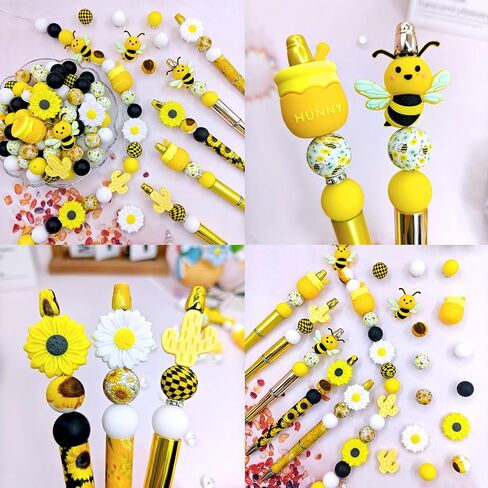 47 Silicone Beads, Bee and Sunflower Spring Set, 15mm Silicone Beads, for Keychain Making, Round Rubber Bulk Focal Beads, Pen for Beads,Suitable for DIY Crafts in Kuwait
