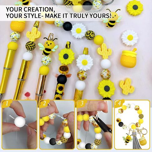 47 Silicone Beads, Bee and Sunflower Spring Set, 15mm Silicone Beads, for Keychain Making, Round Rubber Bulk Focal Beads, Pen for Beads,Suitable for DIY Crafts in Kuwait