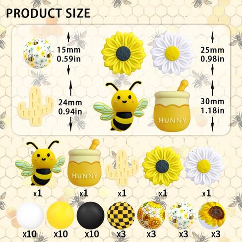 47 Silicone Beads, Bee and Sunflower Spring Set, 15mm Silicone Beads, for Keychain Making, Round Rubber Bulk Focal Beads, Pen for Beads,Suitable for DIY Crafts in Kuwait