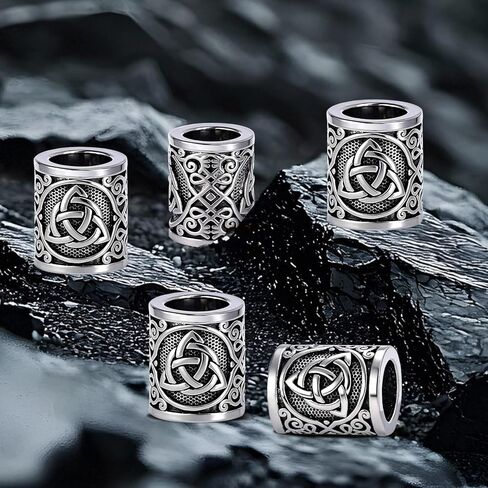 Yahpetes Hair Beard Bead 5 Pcs Celtics Knots Triquetra Viking Beads 0.59"X0.47" Viking Rune Beards Silver Norse Rings Large Viking Metal Beads (5) in Kuwait